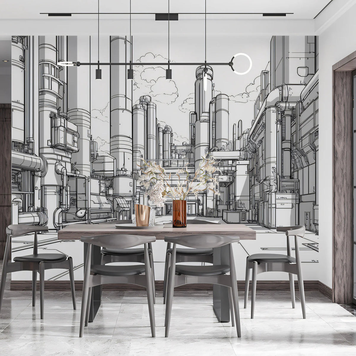 Industrial Complex Sketch Mural Wallpaper — Modern Urban Line Art Mural Wallpaper - pure wallpaper artwork