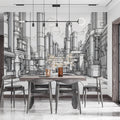 Industrial Complex Sketch Mural Wallpaper — Modern Urban Line Art Mural Wallpaper - pure wallpaper artwork