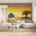 Blue House and Autumn Tree Mural Wallpaper — Minimalist Landscape Mural Wallpaper - pure wallpaper artwork