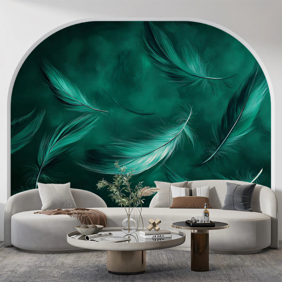 Emerald Feather Drift Mural Wallpaper — Abstract Fluid Art Mural Wallpaper