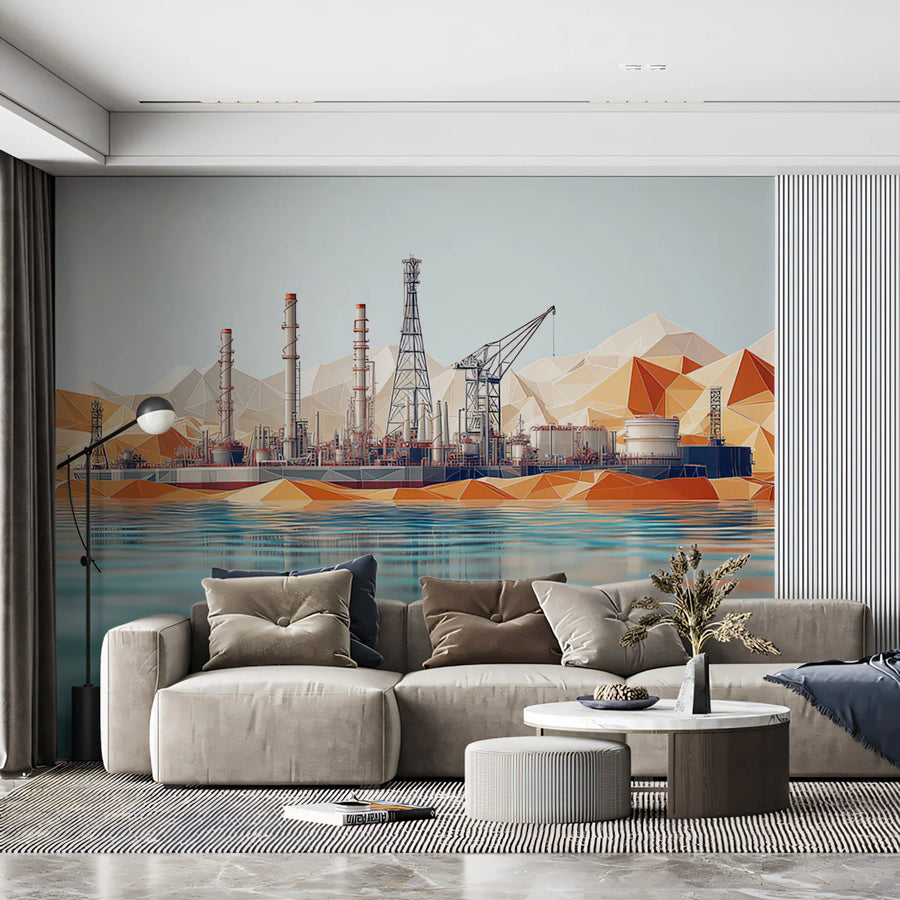 Industrial Low Poly Coastline Mural Wallpaper — Geometric Modern Mural Wallpaper