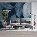 Floating Blue Feather Mural Wallpaper in Graphite and Sky Blue Mural Wallpaper - pure wallpaper artwork