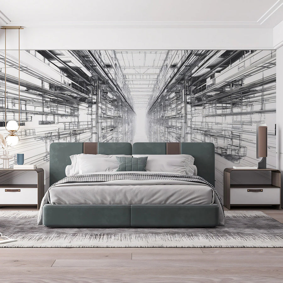 Futuristic Architectural Corridor Mural Wallpaper — Line Art Design Mural Wallpaper