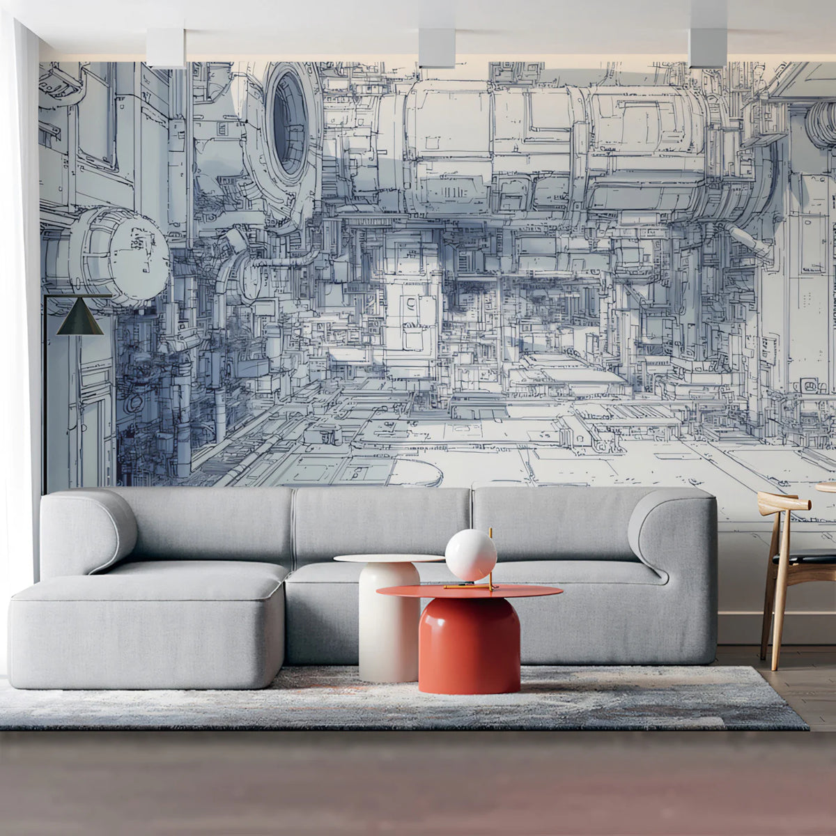 Industrial Blueprint Line Art Mural Wallpaper — Tech Architecture Mural Wallpaper - pure wallpaper artwork