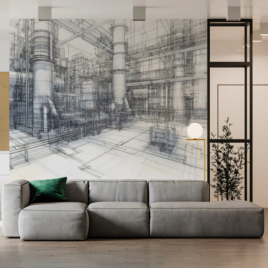Industrial Blueprint Mural Wallpaper — Detailed Sketch Design Mural Wallpaper