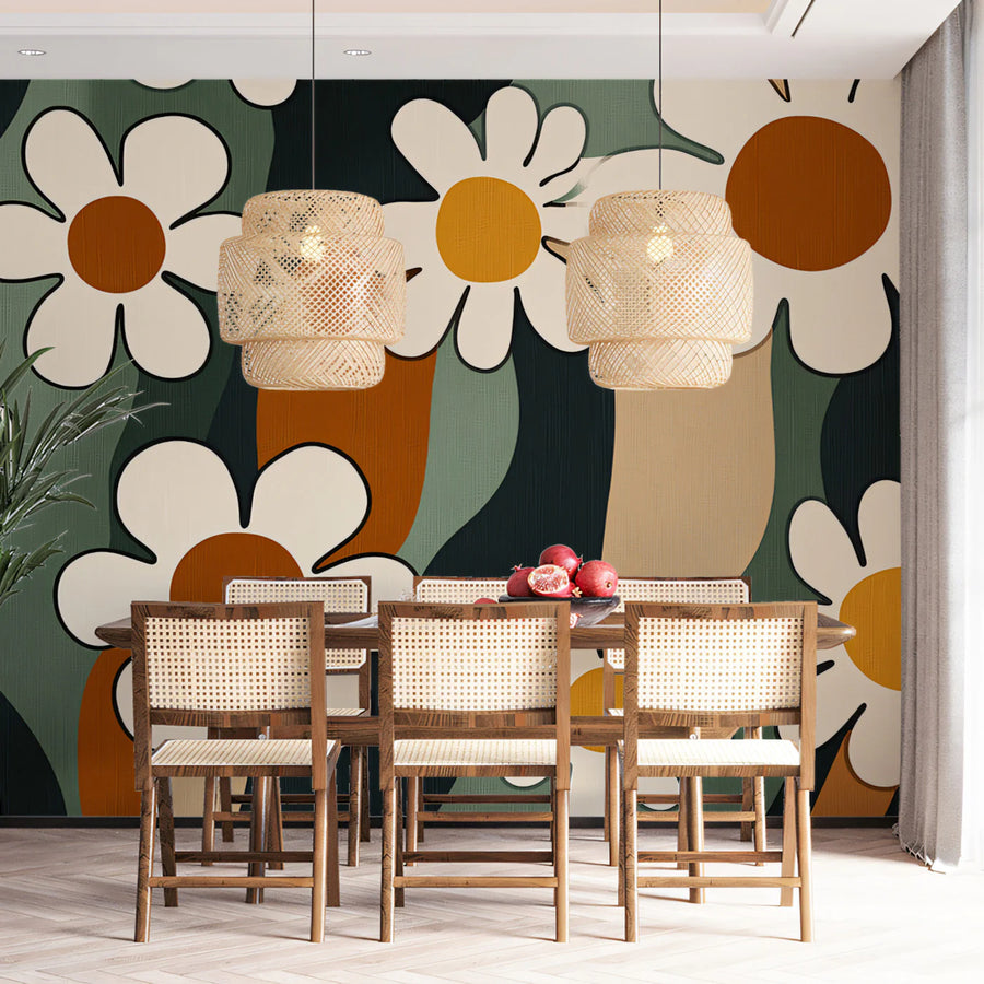 Retro Daisy Wave Mural Wallpaper — Mid-Century Botanical Design Mural Wallpaper
