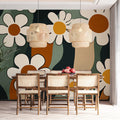 Retro Daisy Wave Mural Wallpaper — Mid-Century Botanical Design Mural Wallpaper - pure wallpaper artwork