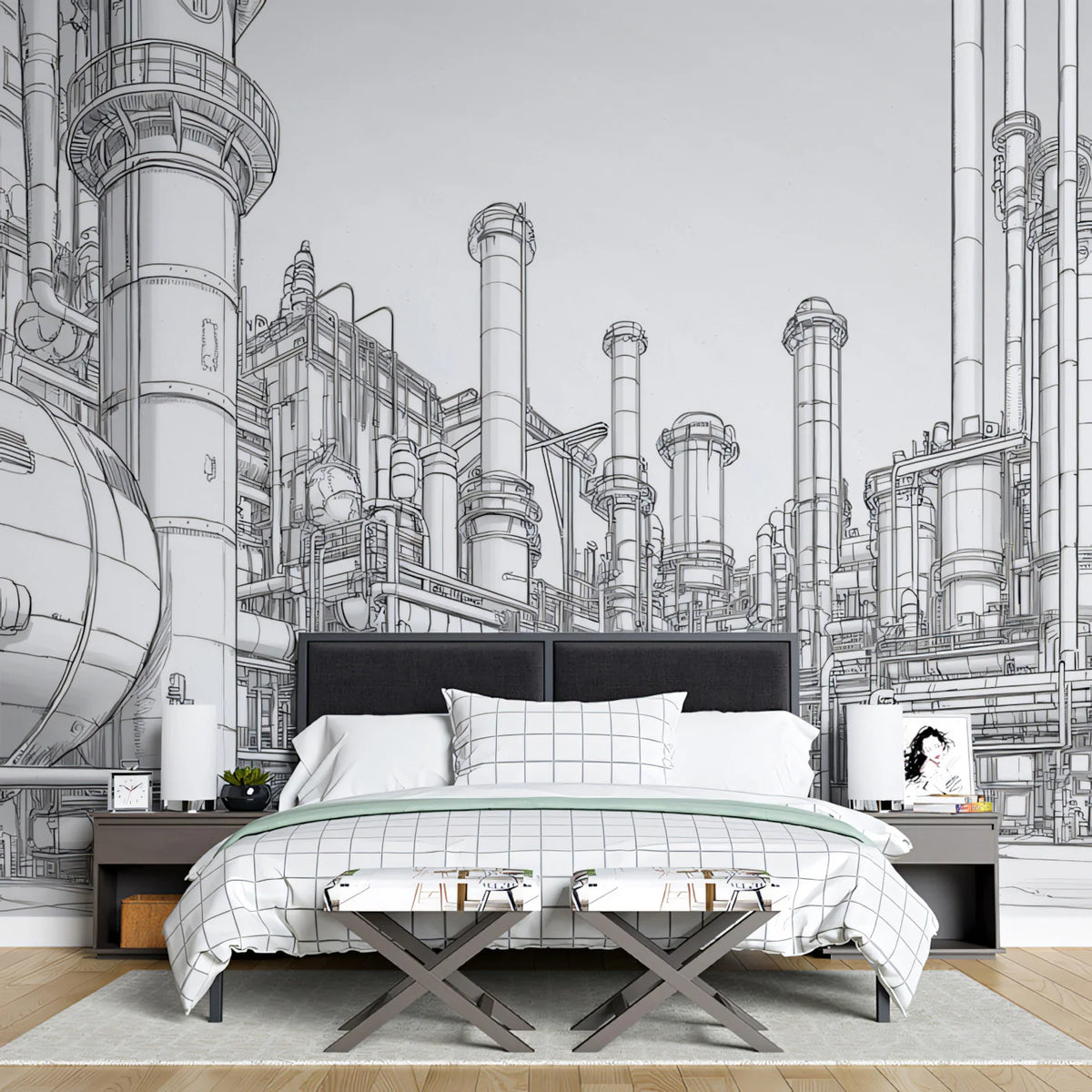 Industrial Blueprint Mural Wallpaper — Modern Architectural Sketch Mural Wallpaper - pure wallpaper artwork