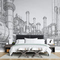 Industrial Blueprint Mural Wallpaper — Modern Architectural Sketch Mural Wallpaper - pure wallpaper artwork