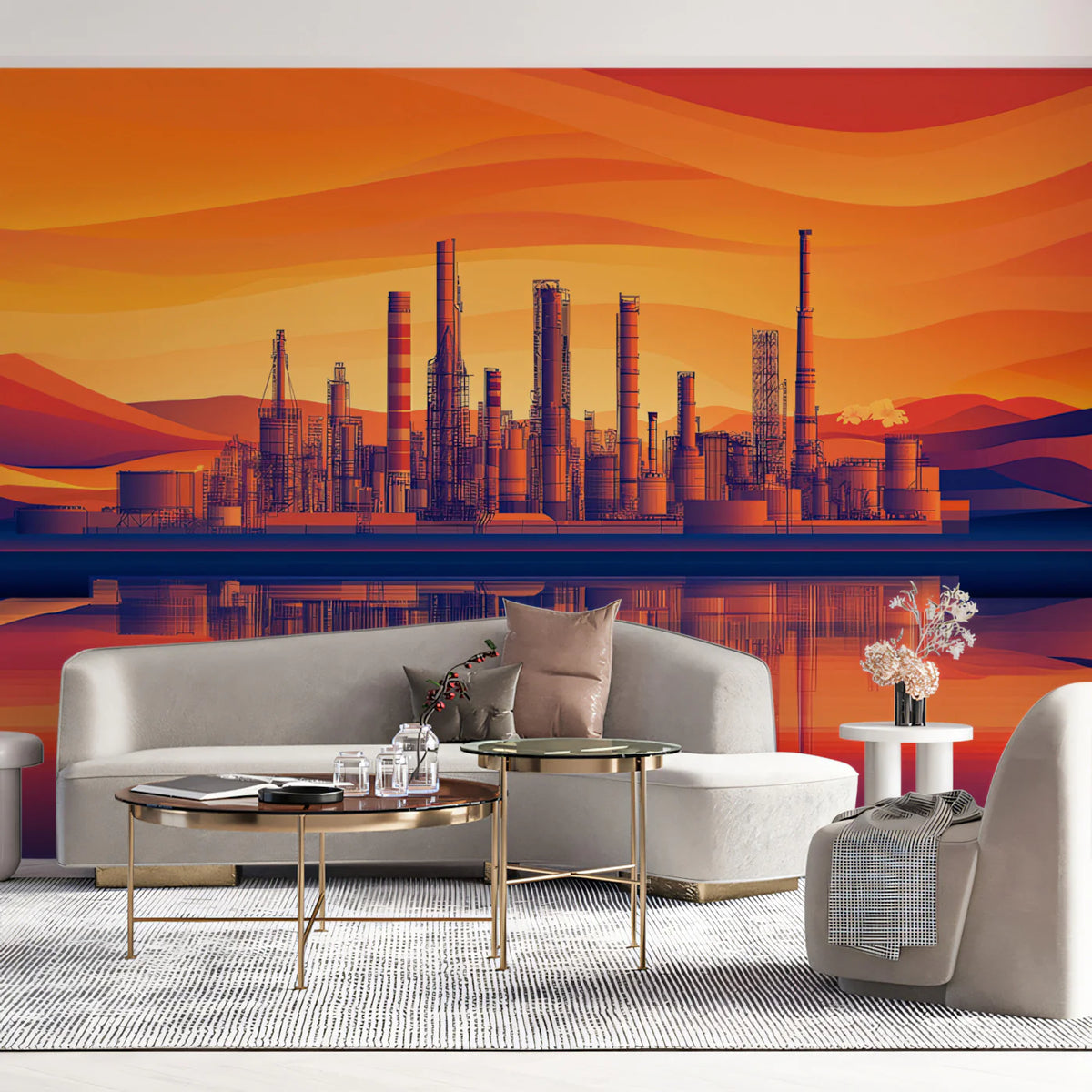 Industrial Sunset Skyline Mural Wallpaper in Vibrant Ombre Mural Wallpaper - pure wallpaper artwork