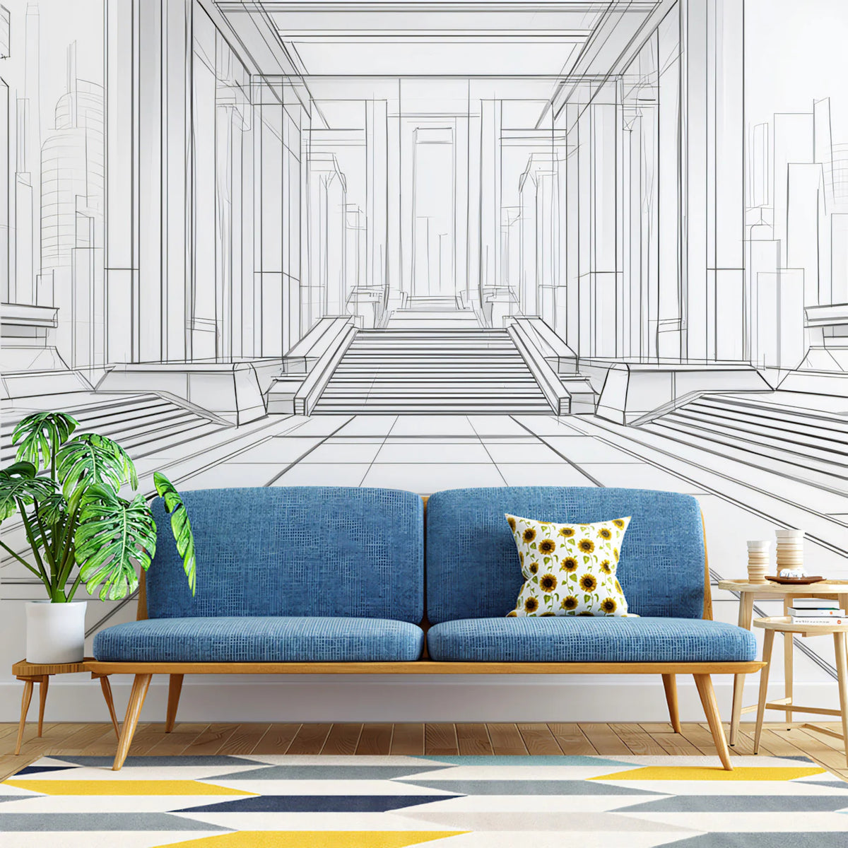 Architectural Hallway Line Art Mural Wallpaper — Minimalist Sketch Mural Wallpaper - pure wallpaper artwork