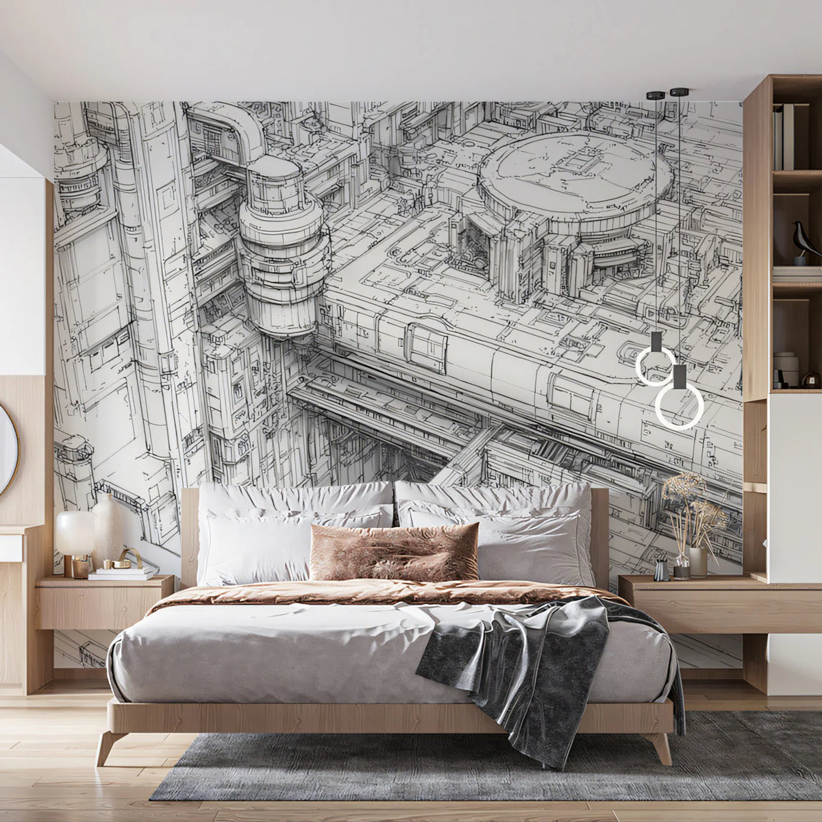 Industrial Architectural Sketch Mural Wallpaper — Futuristic Detail Mural Wallpaper - pure wallpaper artwork