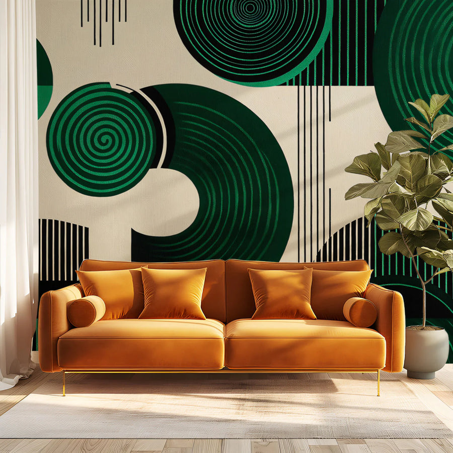 Emerald Geometric Op Art Mural Wallpaper — Mid-Century Modern Motif Mural Wallpaper