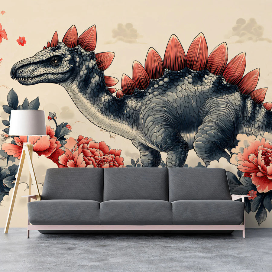 Stegosaurus Floral Fantasy Mural Wallpaper — Whimsical Prehistoric Art Mural Wallpaper