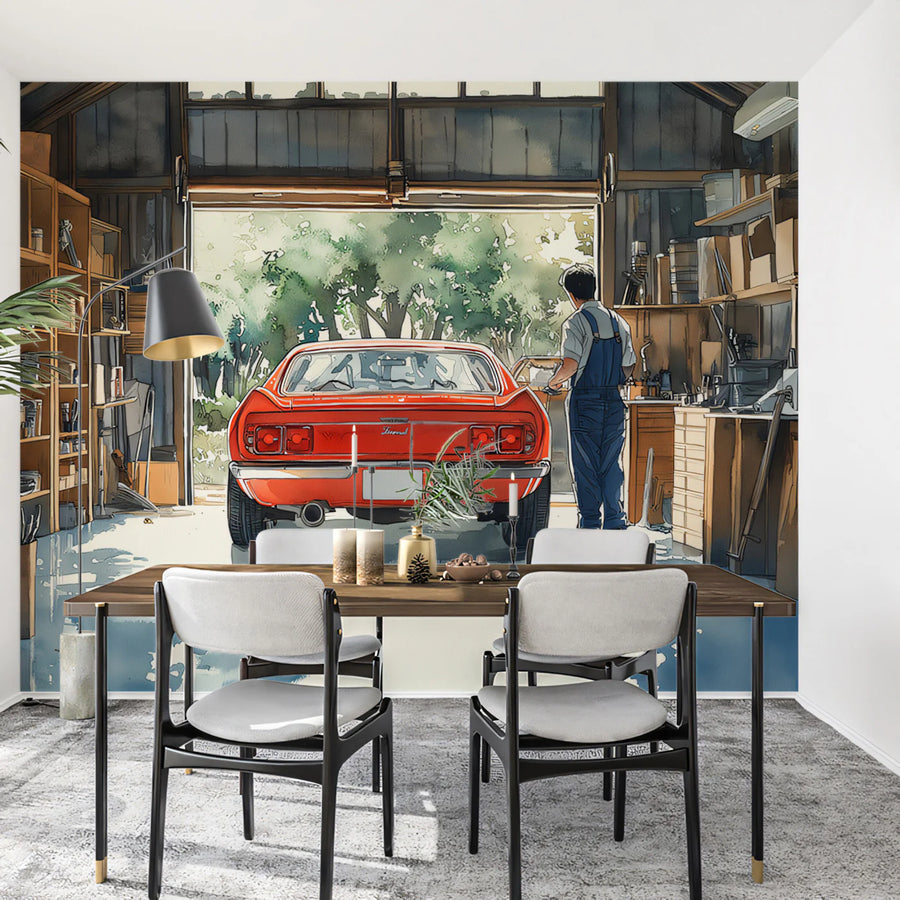 Vintage Garage Scene Mural Wallpaper with Classic Red Car Mural Wallpaper