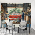 Vintage Garage Scene Mural Wallpaper with Classic Red Car Mural Wallpaper - pure wallpaper artwork