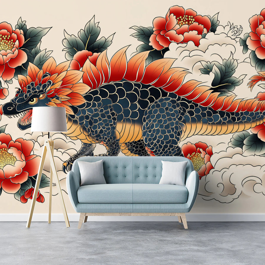 Dragon Dinosaur Floral Mural Wallpaper — Tattoo Art Illustration Mural Wallpaper