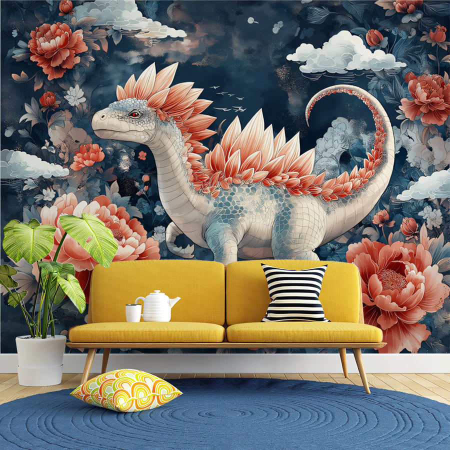 Fantasy Dinosaur Floral Mural Wallpaper — Whimsical Garden Scene Mural Wallpaper