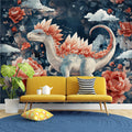 Fantasy Dinosaur Floral Mural Wallpaper — Whimsical Garden Scene Mural Wallpaper - pure wallpaper artwork