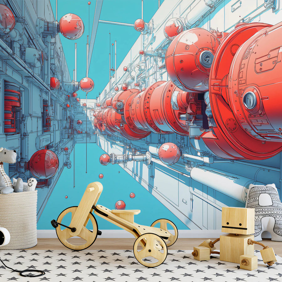 Sci-Fi Pipeline Industrial Mural Wallpaper — Geometric Tech Art Mural Wallpaper