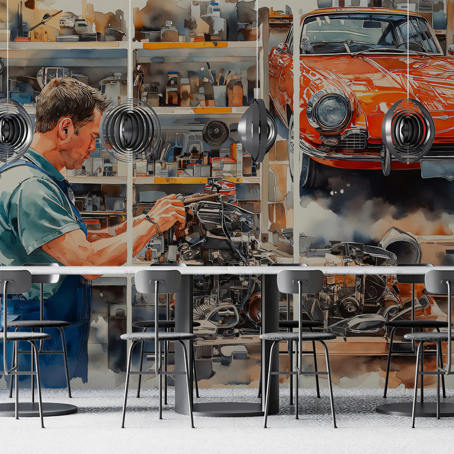 Vintage Car Mechanic Workshop Mural Wallpaper — Artistic Split Panel Mural Wallpaper