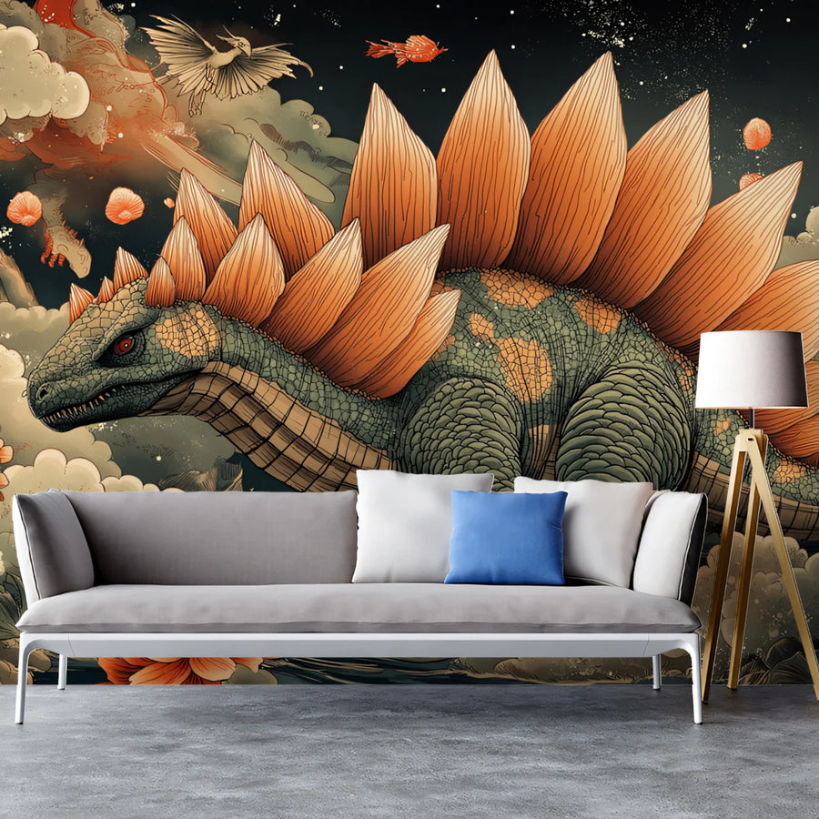 Stegosaurus Fantasy Mural Wallpaper — Mythical Reptile Floral Art Mural Wallpaper