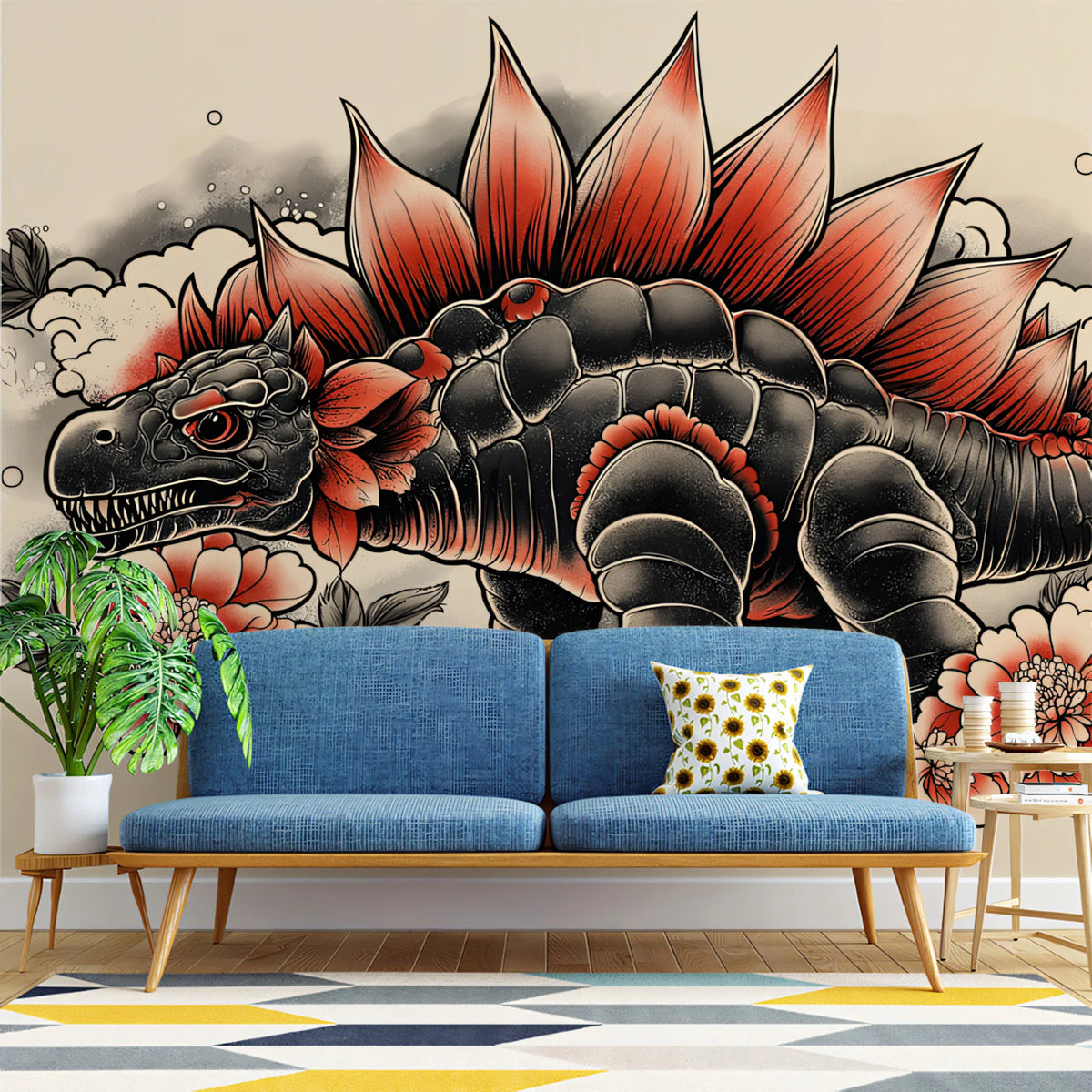 Stegosaurus Tattoo Art Mural Wallpaper — Bold Reptile Illustration Mural Wallpaper - pure wallpaper artwork