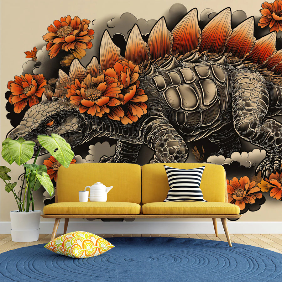 Stegosaurus Tattoo Art Mural Wallpaper in Burnt Orange and Charcoal Mural Wallpaper