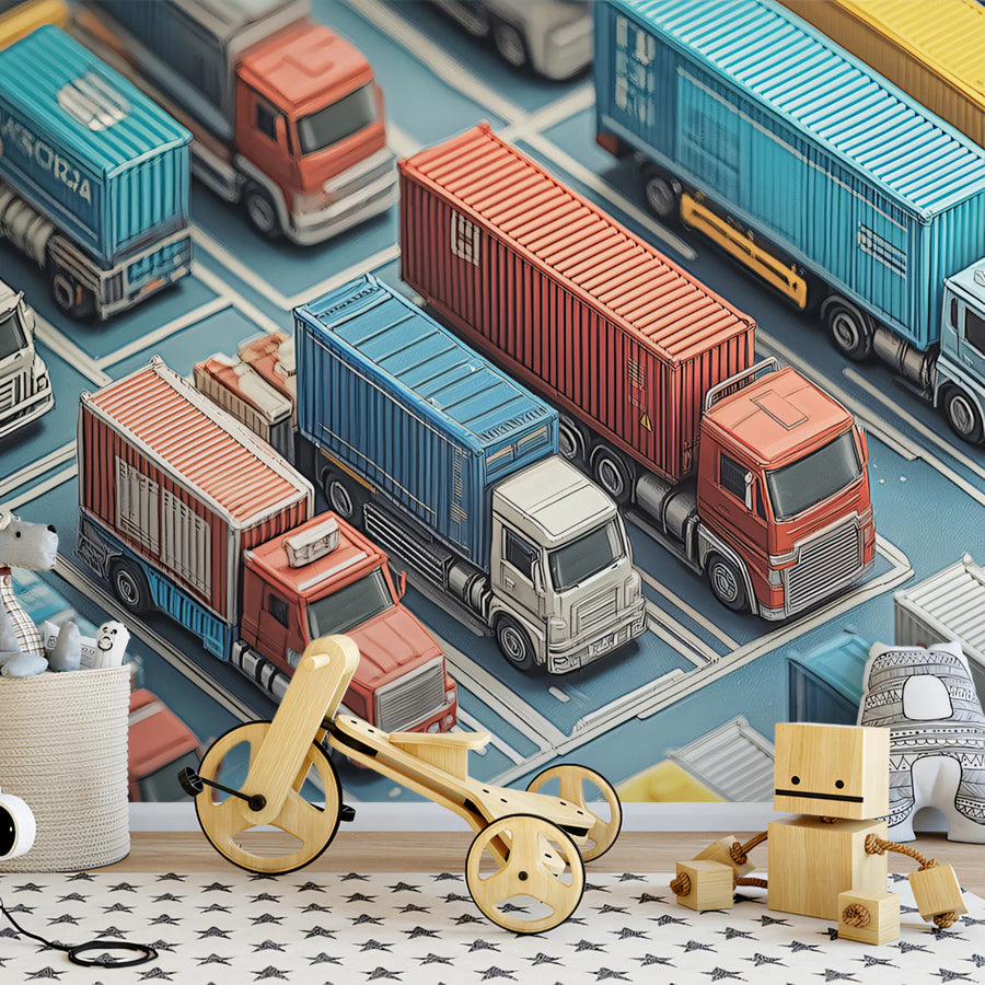 Isometric Shipping Container Truck Mural Wallpaper — Modern Logistics Mural Wallpaper