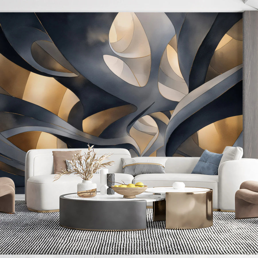 Abstract Cavern Mural Wallpaper — Gold and Charcoal Architectural Art Mural Wallpaper