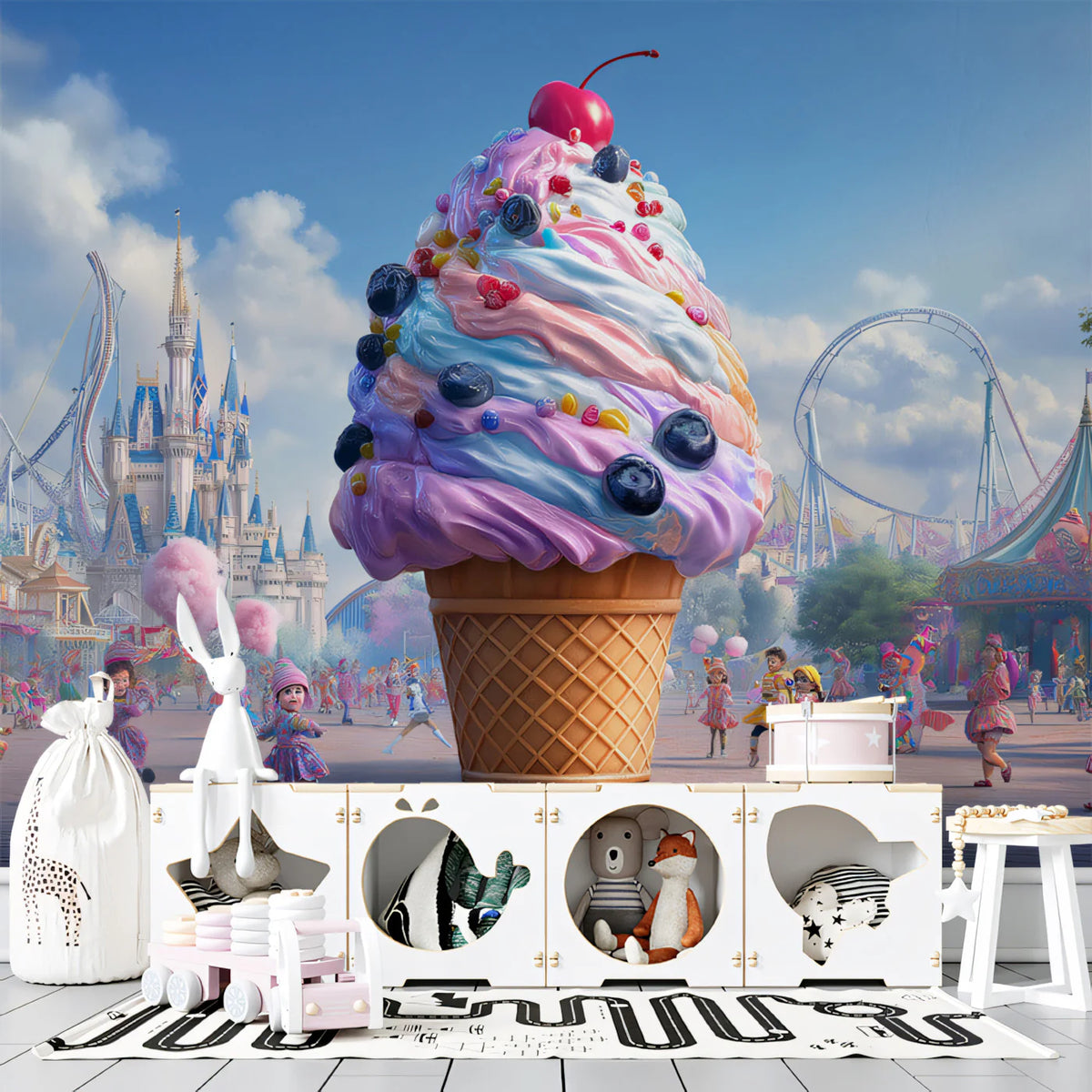 Whimsical Amusement Park Mural Wallpaper with Giant Ice Cream Cone Mural Wallpaper - pure wallpaper artwork
