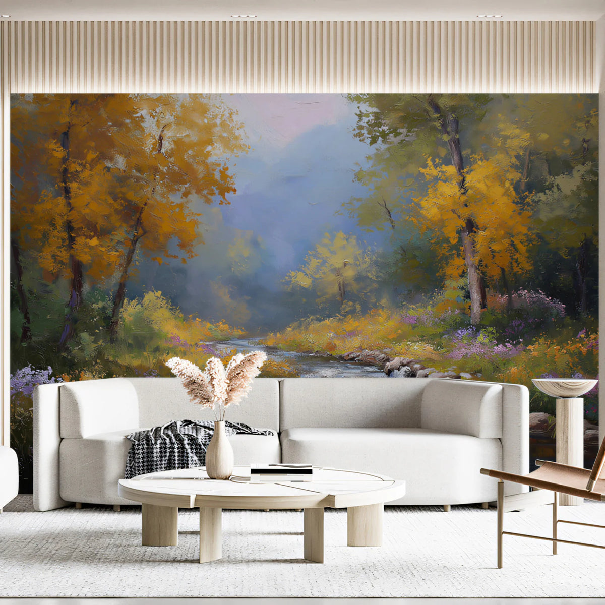 Autumn River Landscape Mural Wallpaper — Impressionistic Forest Scene Mural Wallpaper - pure wallpaper artwork