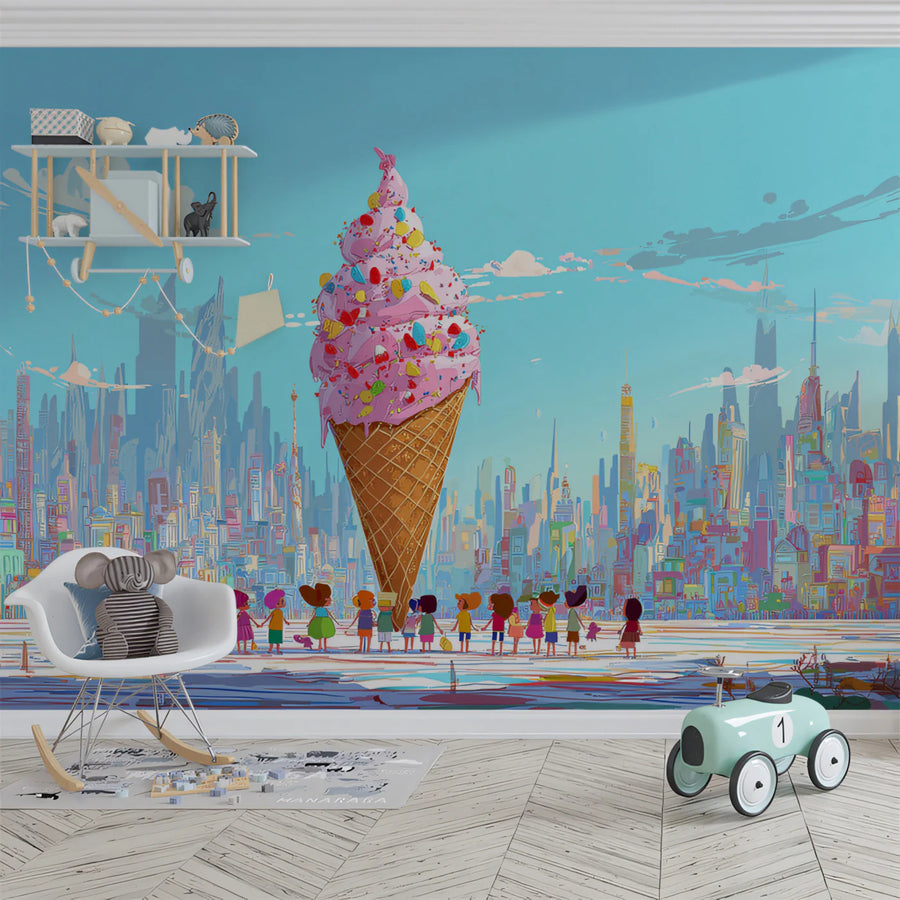 Giant Ice Cream Cone City Mural Wallpaper — Whimsical Pop Art Mural Wallpaper