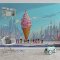 Giant Ice Cream Cone City Mural Wallpaper — Whimsical Pop Art Mural Wallpaper - pure wallpaper artwork