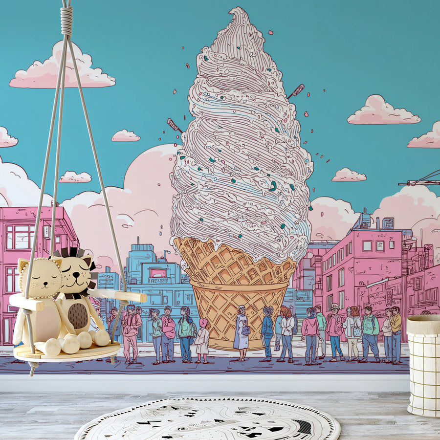 Giant Ice Cream City Mural Wallpaper — Whimsical Cartoon Illustration Mural Wallpaper