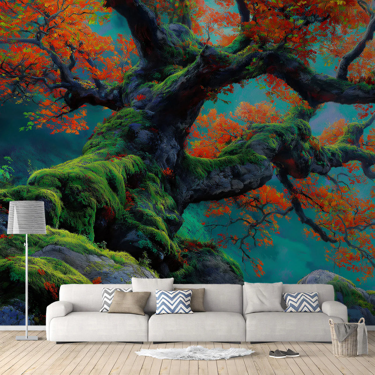Autumn Woodland Mural Wallpaper — Painterly Gnarled Tree Design Mural Wallpaper - pure wallpaper artwork