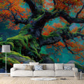 Autumn Woodland Mural Wallpaper — Painterly Gnarled Tree Design Mural Wallpaper - pure wallpaper artwork