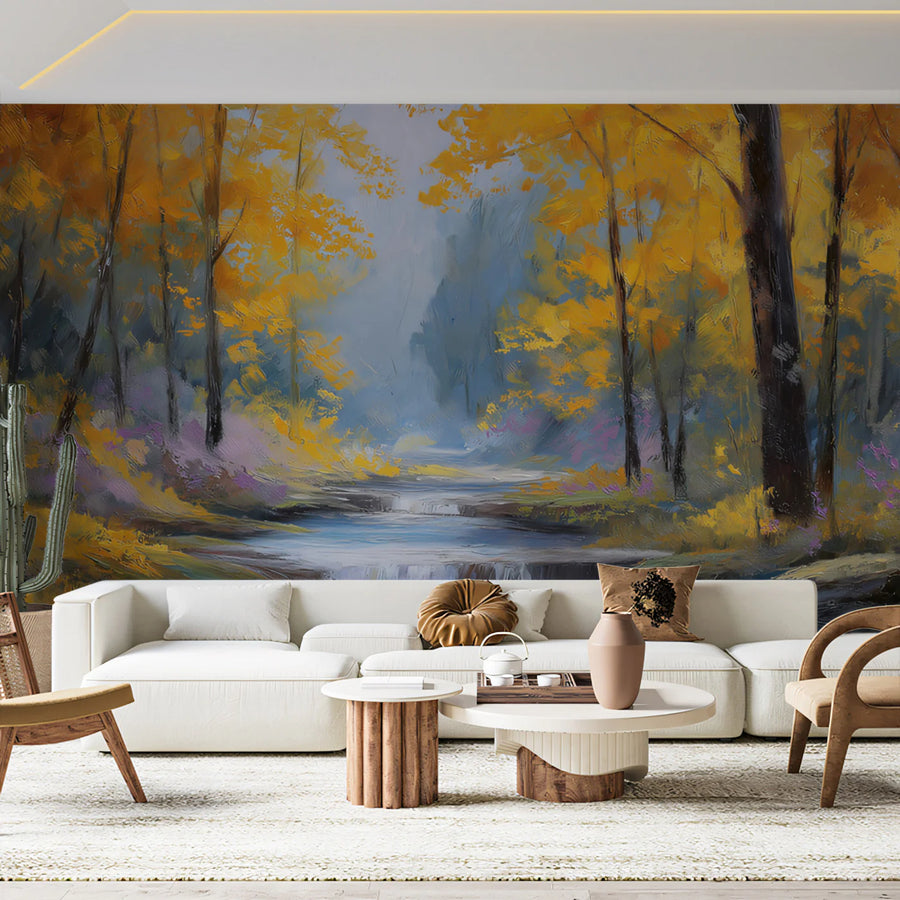 Autumn Creek Forest Mural Wallpaper — Impressionistic Landscape Mural Wallpaper