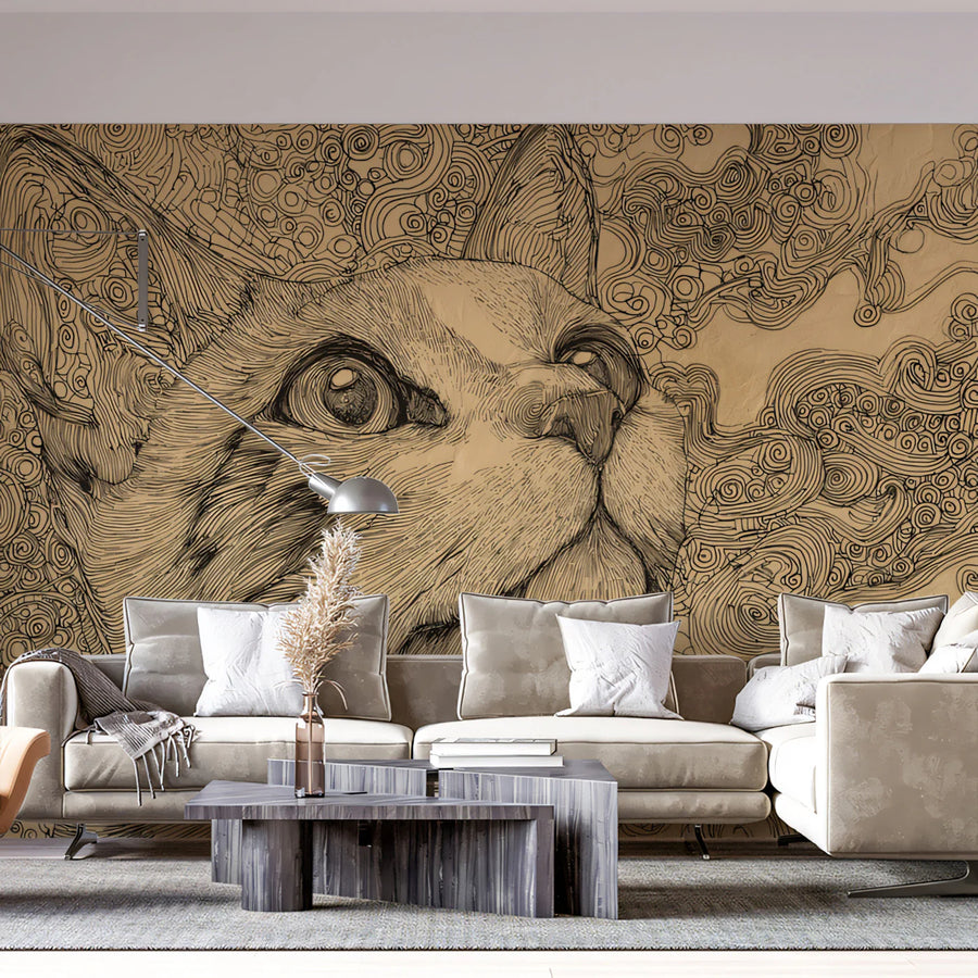 Intricate Feline Sketch Mural Wallpaper — Artistic Line Art Design Mural Wallpaper