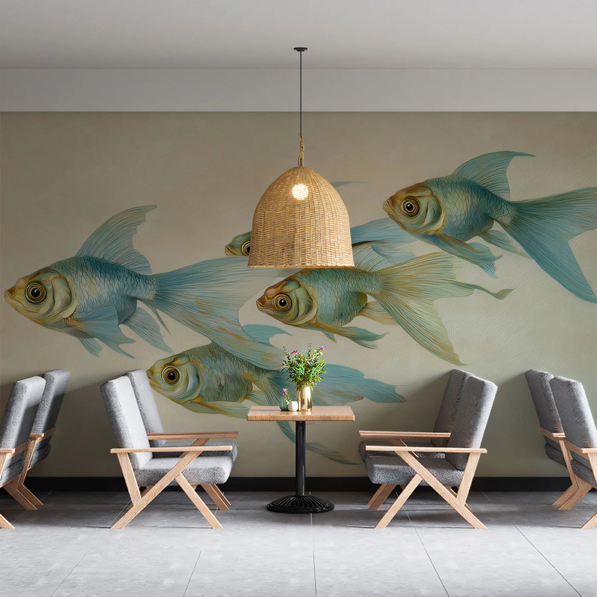Floating Blue Koi Mural Wallpaper — Impressionistic Aquatic Art Mural Wallpaper - pure wallpaper artwork