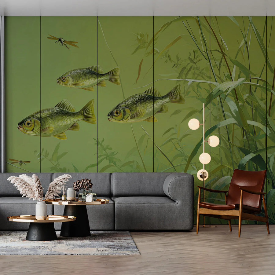 Golden Carp Pond Mural Wallpaper — Soft Aquatic Nature Art Mural Wallpaper