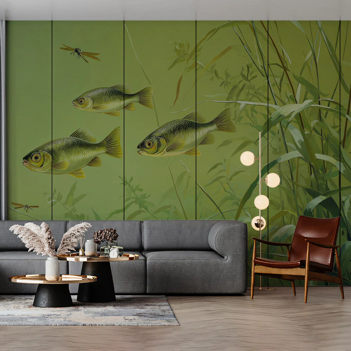 Golden Carp Pond Mural Wallpaper — Soft Aquatic Nature Art Mural Wallpaper - pure wallpaper artwork