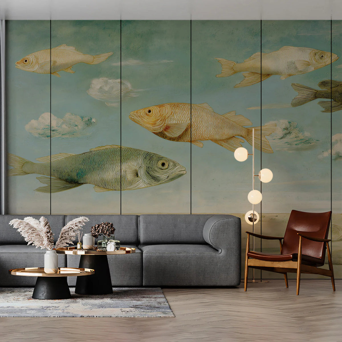 Floating Fish Surreal Sky Mural Wallpaper —Painterly Landscape Mural Wallpaper - pure wallpaper artwork