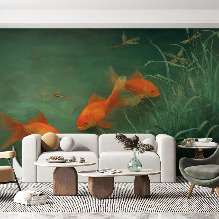 Koi Pond Oil Painting Mural Wallpaper — Impressionistic Nature Art Mural Wallpaper