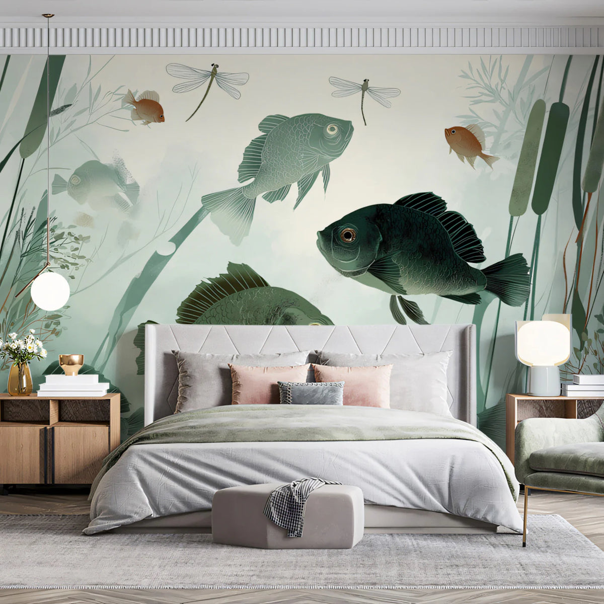 Zen Pond Mural Wallpaper — Calm Aquatic Fish and Reed Illustration Mural Wallpaper - pure wallpaper artwork