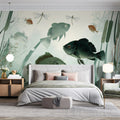 Zen Pond Mural Wallpaper — Calm Aquatic Fish and Reed Illustration Mural Wallpaper - pure wallpaper artwork