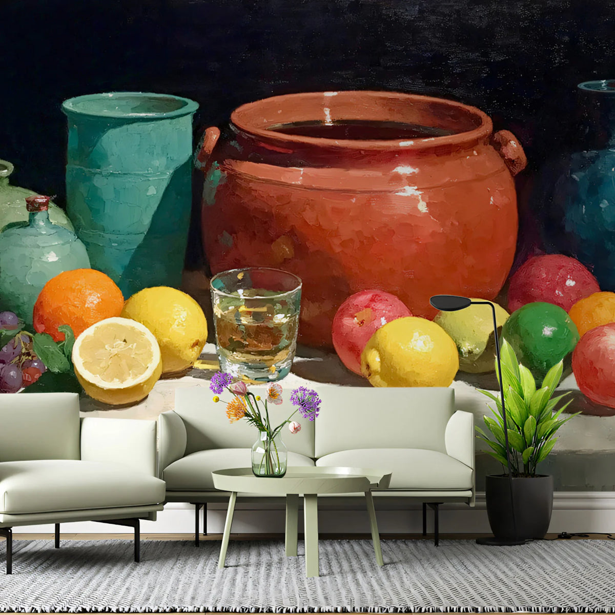 Still Life Fruit & Terracotta Vases Mural Wallpaper — Artistic Oil Mural Wallpaper - pure wallpaper artwork