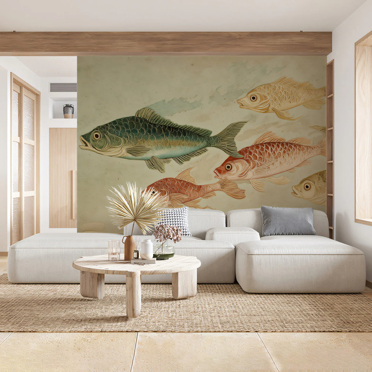 Vintage Shoal of Fish Mural Wallpaper — Artistic Marine Illustration Mural Wallpaper - pure wallpaper artwork