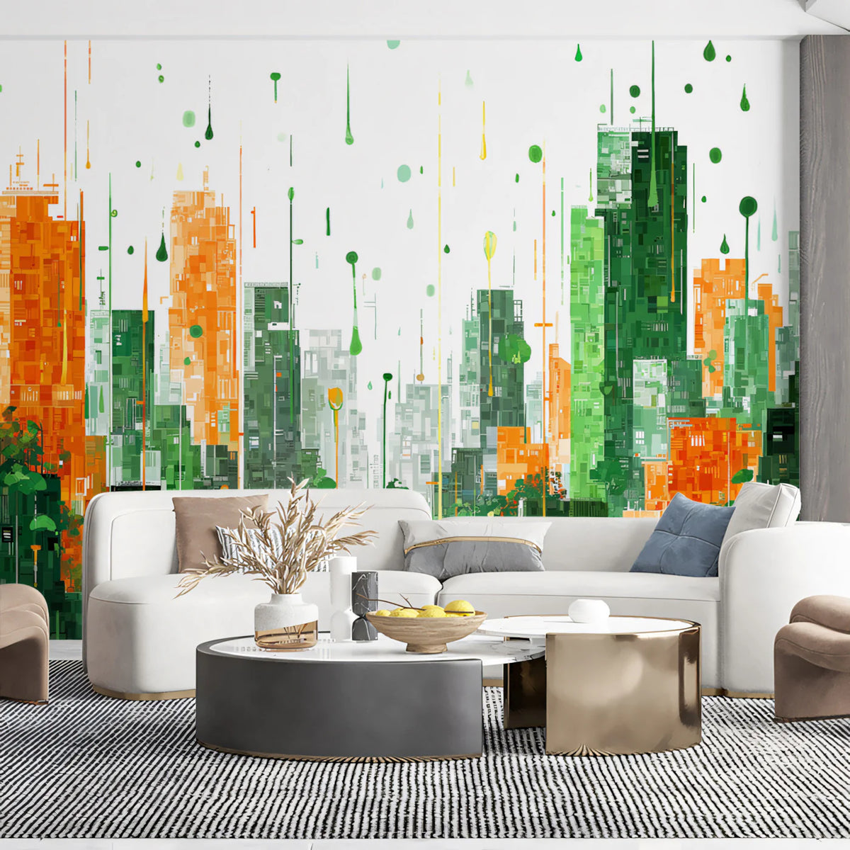 Eco-Cityscape Mural Wallpaper — Abstract Green and Orange Urban Art Mural Wallpaper - pure wallpaper artwork