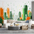 Eco-Cityscape Mural Wallpaper — Abstract Green and Orange Urban Art Mural Wallpaper - pure wallpaper artwork